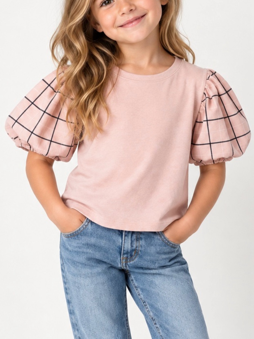 Stem Girls Blush Pink Windowpane Plaid Puff Sleeve Top Shirt Size 5